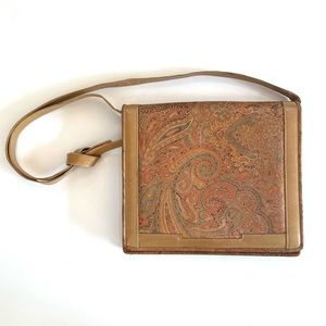 VTG Bags by Varon Tan Leather Paisley Printed Convertible Shoulder Bag Purse